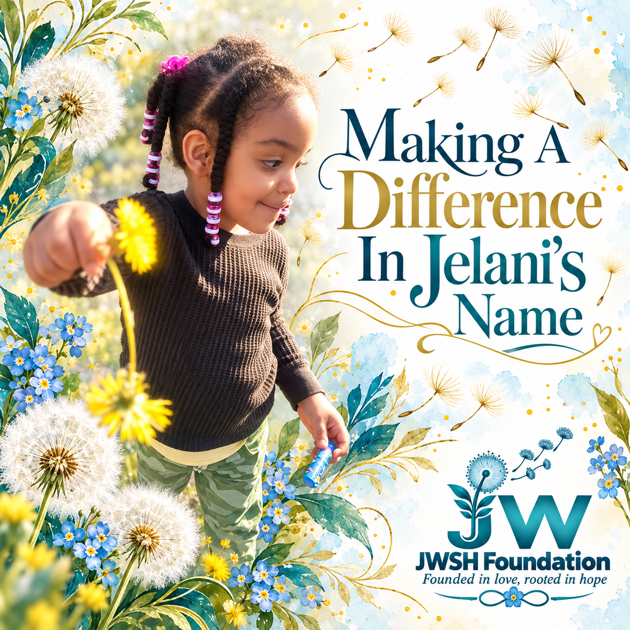 Making a difference in Jelani’s name: a young girl holding dandelions, surrounded by forget-me-nots and the JWSH Foundation logo
