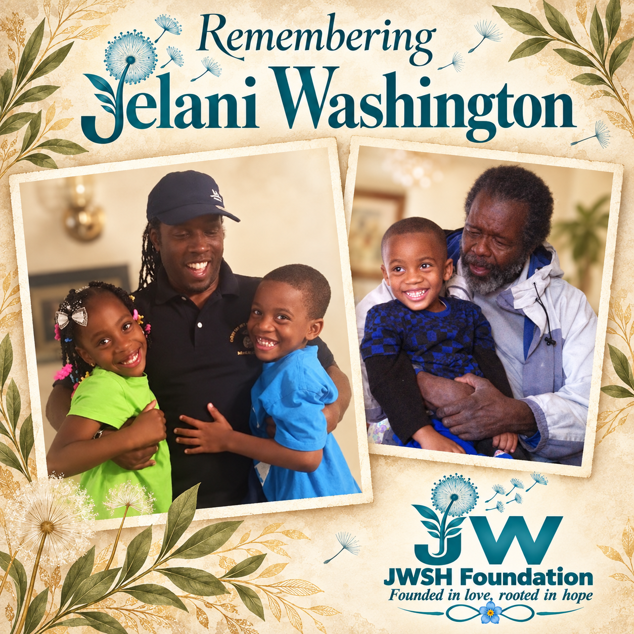 Remembering Jelani Washington: family photographs of Jelani and Azaria with Uncle CJ, and young Jelani with Uncle Ephraim