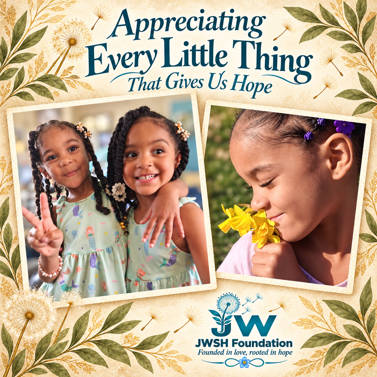 Everlee and Eden smiling together and Everlee smelling yellow daffodils in two ivory photo frames. Appreciating Every Little Thing That Gives Us Hope.